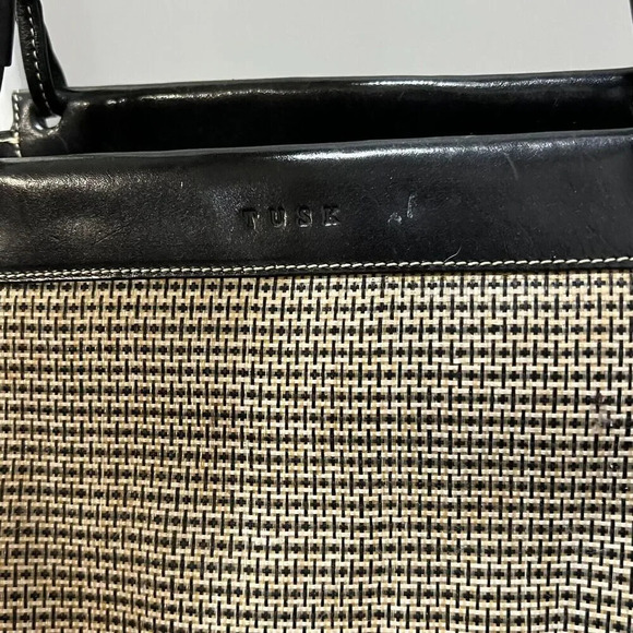 Tusk Womens Beige Black Shoulder Tote Bag Natural Woven Double Handle Large - Picture 3 of 14